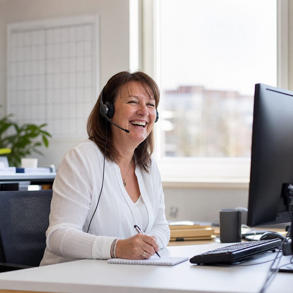 Mitarbeiterin im hellen Büro nimmt mit Headset einen Anruf an und macht Notizen
