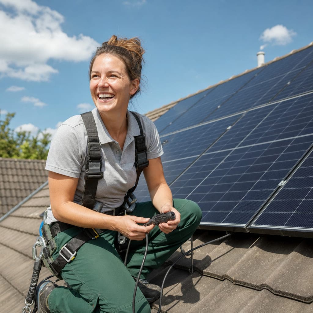 Elektrikerin mit Sicherheitsgurt neben frisch montierten Solarmodulen auf einem Dach