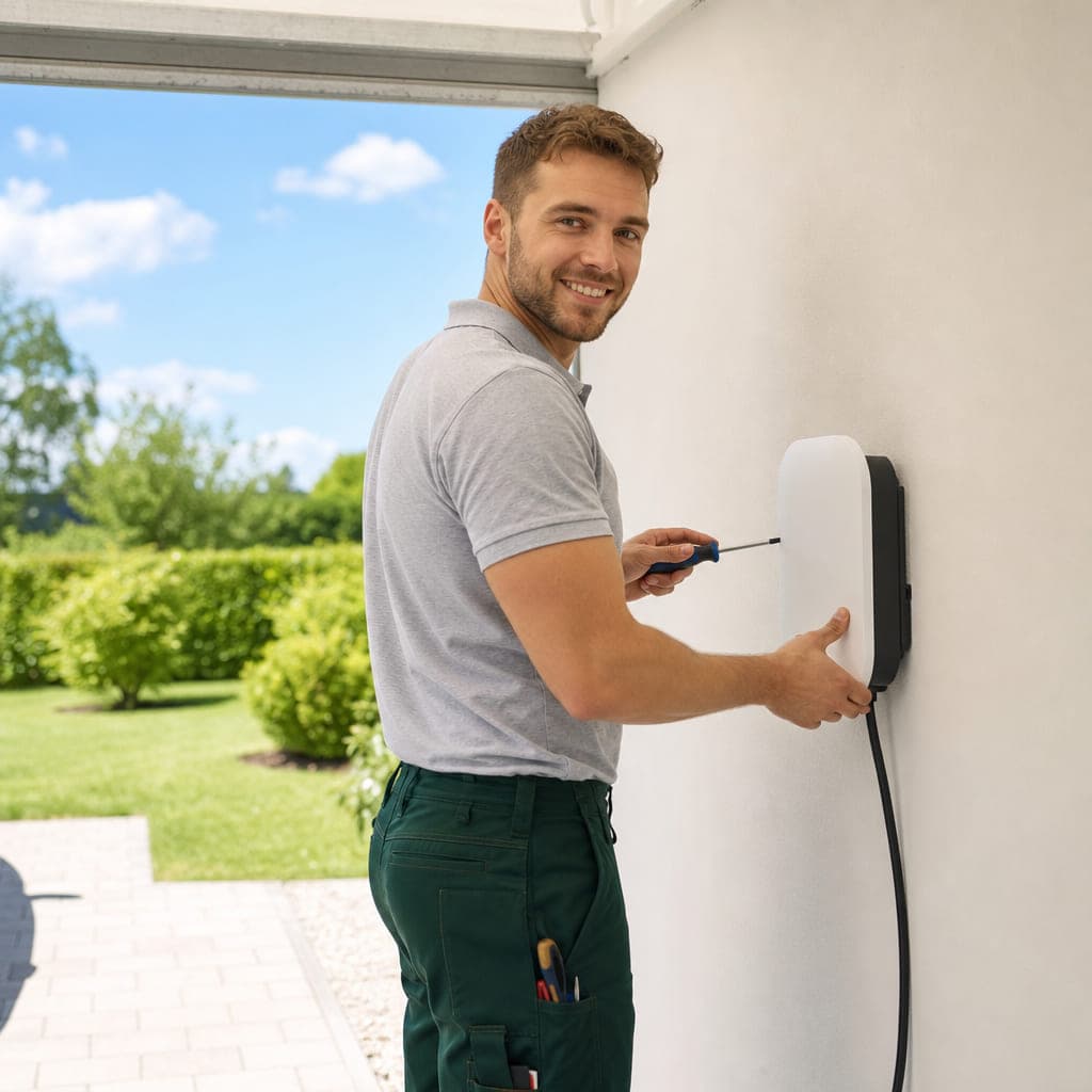 Elektriker montiert eine weiße Wallbox an der hellen Wand eines Carports