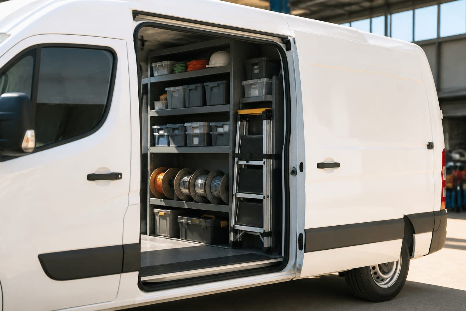 Offene Seitentür eines Transporters mit Regalsystem, Sortimentskästen und Leiter