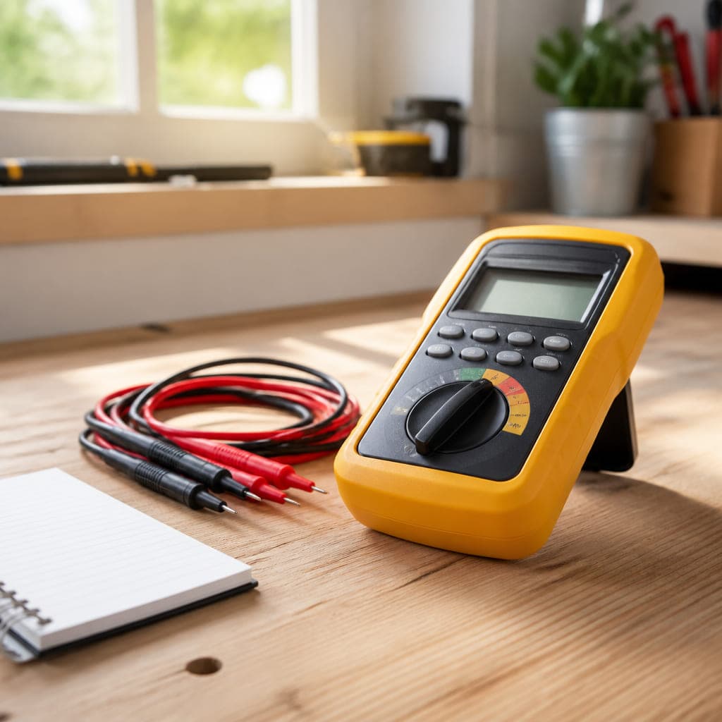 Gelbes Installationsprüfgerät mit Messleitungen auf einer hellen Werkbank