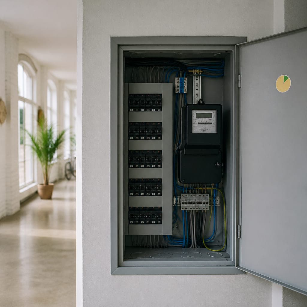 Geöffneter Zählerschrank in einem hellen Flur, an der Innenseite der Tür klebt eine kleine runde Prüfplakette