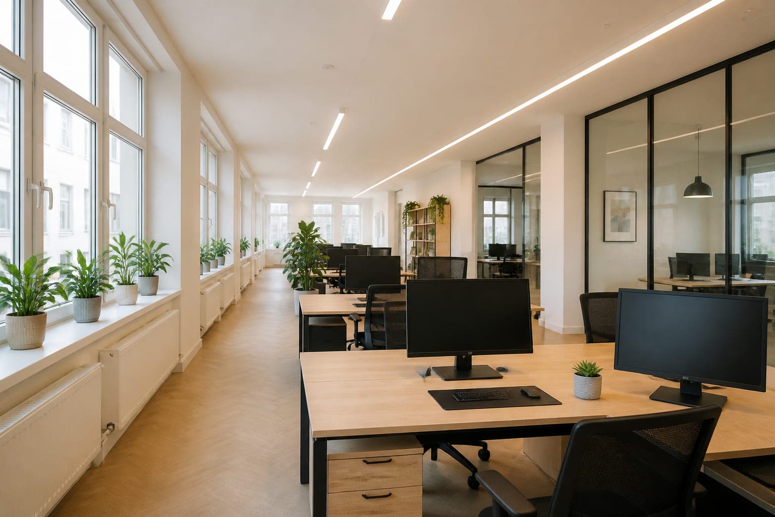 Helles Großraumbüro mit neuen Lichtbändern an der Decke