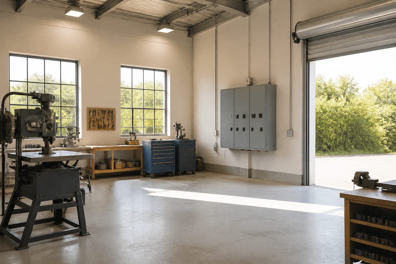 Helle Werkstatthalle mit neuen Hallenleuchten und grauem Verteilerschrank