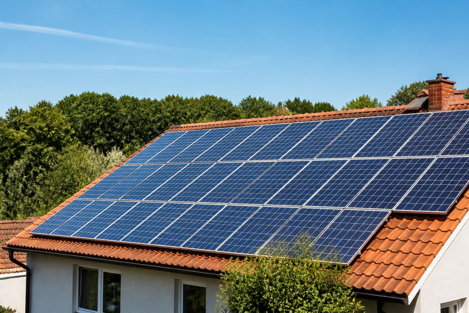 Solarmodule in gleichmäßigen Reihen auf einem Ziegeldach bei blauem Himmel