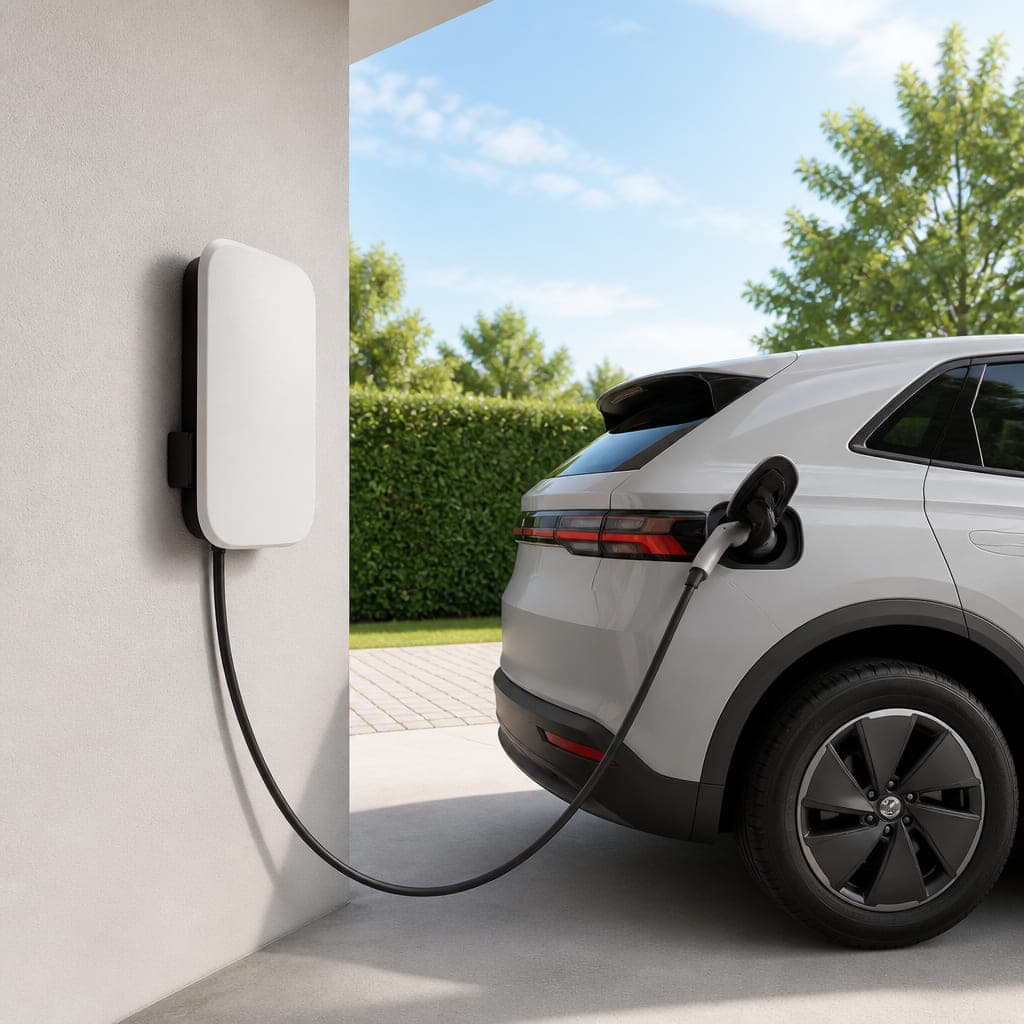 Fertig montierte Wallbox an einer hellen Garagenwand, daneben ein Auto in der sonnigen Einfahrt